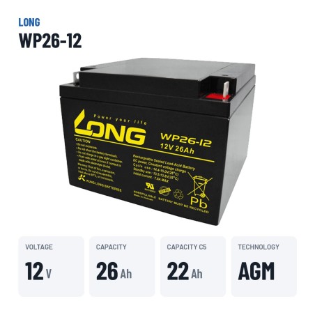 Rollstuhlbatterie Long WP26-12 12V 26Ah AGM – wichtigste Daten