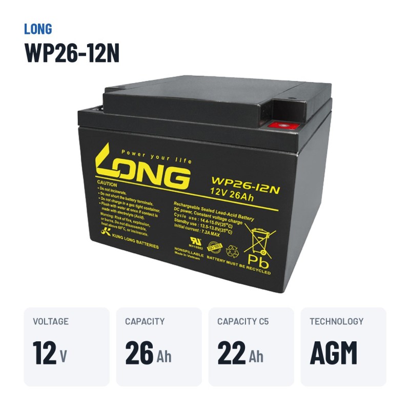 Rollstuhlbatterie Long WP26-12N 12V 26Ah AGM | baterias.com