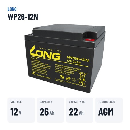 Rollstuhlbatterie Long WP26-12N 12V 26Ah AGM | baterias.com