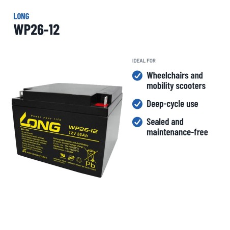 Bateria de cadeira de rodas Long WP26-12 12V 26Ah AGM