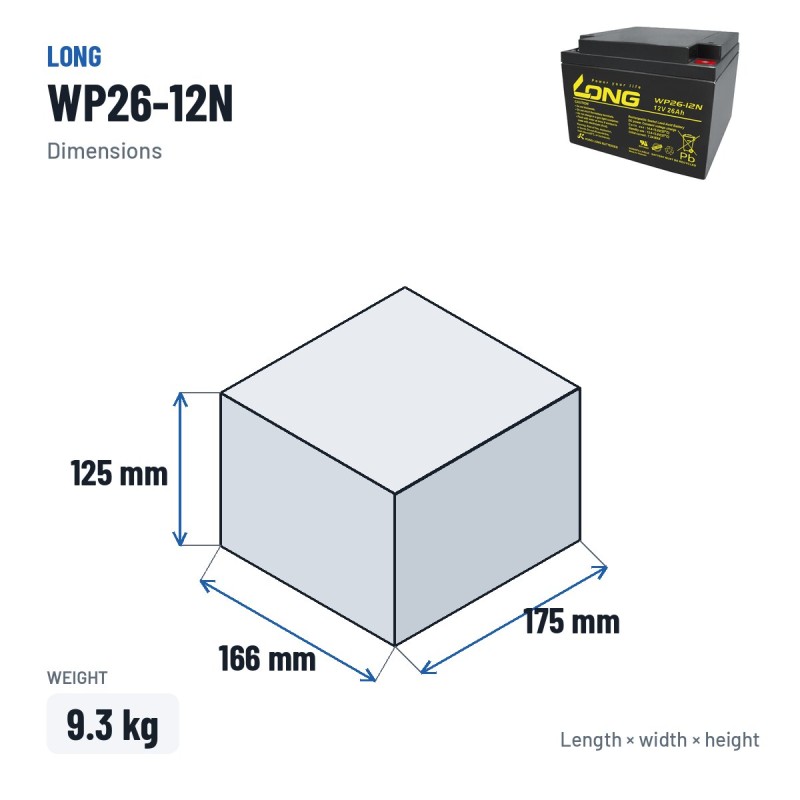 Batteria per carrozzina Long WP26-12N 12V 26Ah AGM – dimensioni 166 × 175 × 125 mm