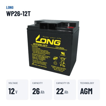 Batteria per carrozzina Long WP26-12T 12V 26Ah AGM – dati principali