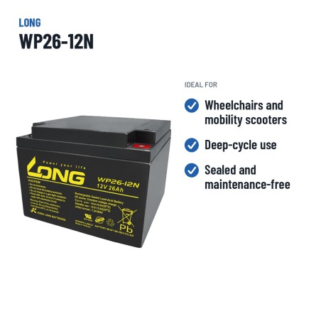 Batteria per carrozzina Long WP26-12N 12V 26Ah AGM – usi consigliati