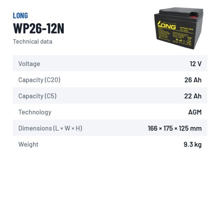 Rollstuhlbatterie Long WP26-12N 12V 26Ah AGM | baterias.com