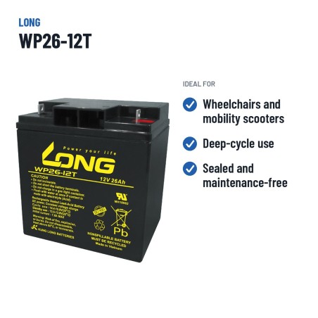 Batterie fauteuil roulant Long WP26-12T 12V 26Ah AGM – utilisations recommandées