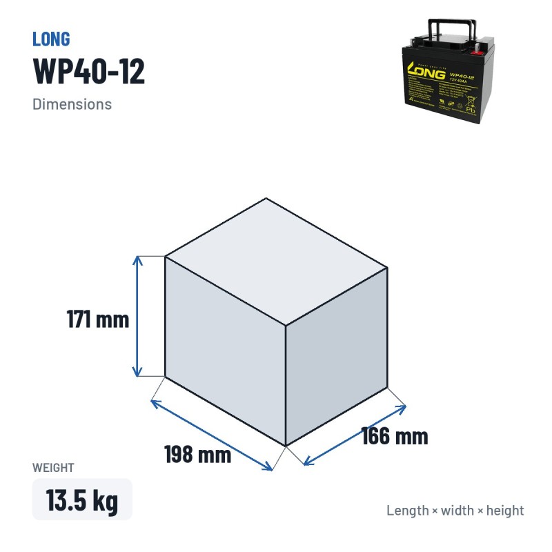 Batteria per carrozzina Long WP40-12 12V 40Ah AGM – dimensioni 198 × 166 × 171 mm