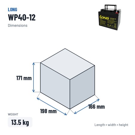 Wheelchair battery Long WP40-12 12V 40Ah AGM – dimensions 198 × 166 × 171 mm