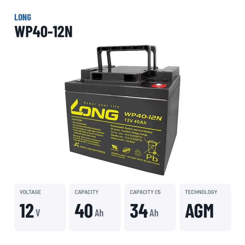 Wheelchair battery Long WP40-12N 12V 40Ah AGM – key specs