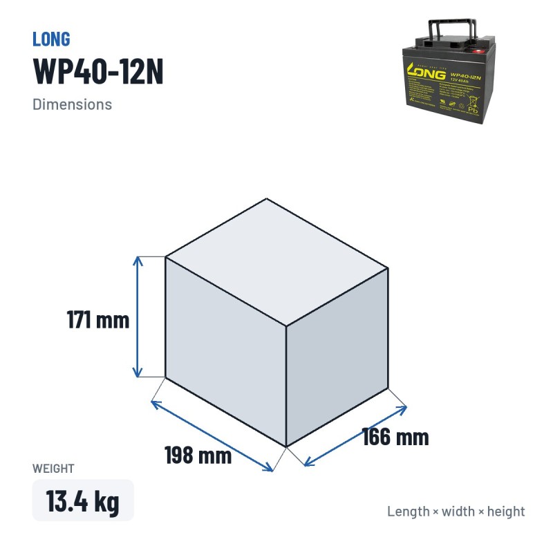 Wheelchair battery Long WP40-12N 12V 40Ah AGM – dimensions 198 × 166 × 171 mm