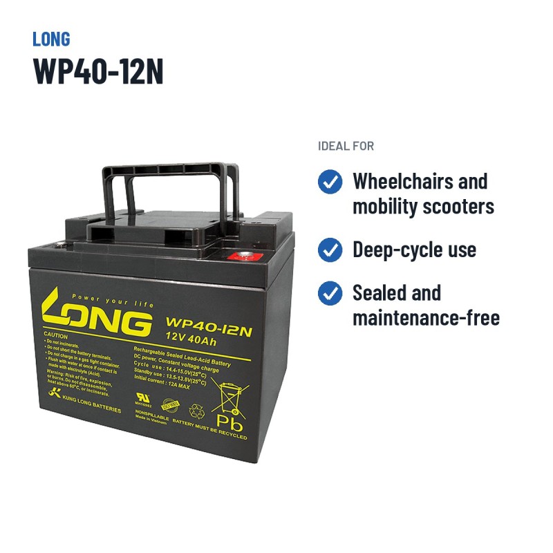 Bateria de cadeira de rodas Long WP40-12N 12V 40Ah AGM