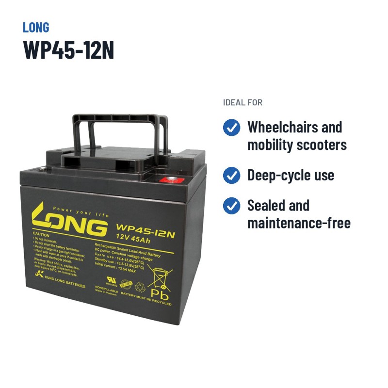 Batterie fauteuil roulant Long WP45-12N 12V 45Ah AGM – utilisations recommandées