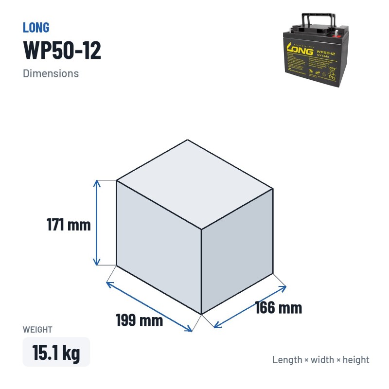 Batteria per carrozzina Long WP50-12 12V 50Ah AGM – dimensioni 199 × 166 × 171 mm