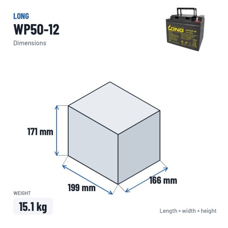 Batteria per carrozzina Long WP50-12 12V 50Ah AGM – dimensioni 199 × 166 × 171 mm