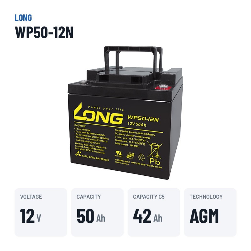 Bateria de cadeira de rodas Long WP50-12N 12V 50Ah AGM – dados principais