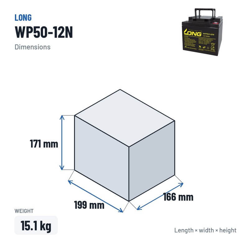 Bateria de cadeira de rodas Long WP50-12N 12V 50Ah AGM – medidas 199 × 166 × 171 mm