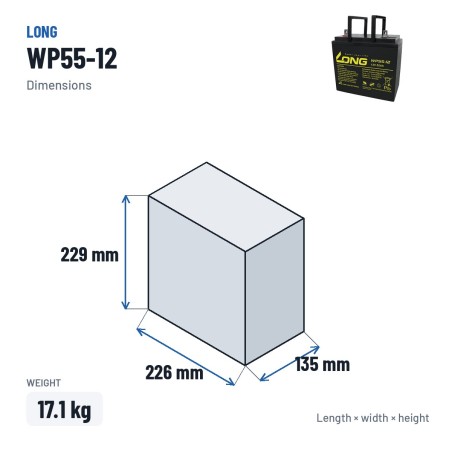 Rollstuhlbatterie Long WP55-12 12V 55Ah AGM – Abmessungen 226 × 135 × 229 mm