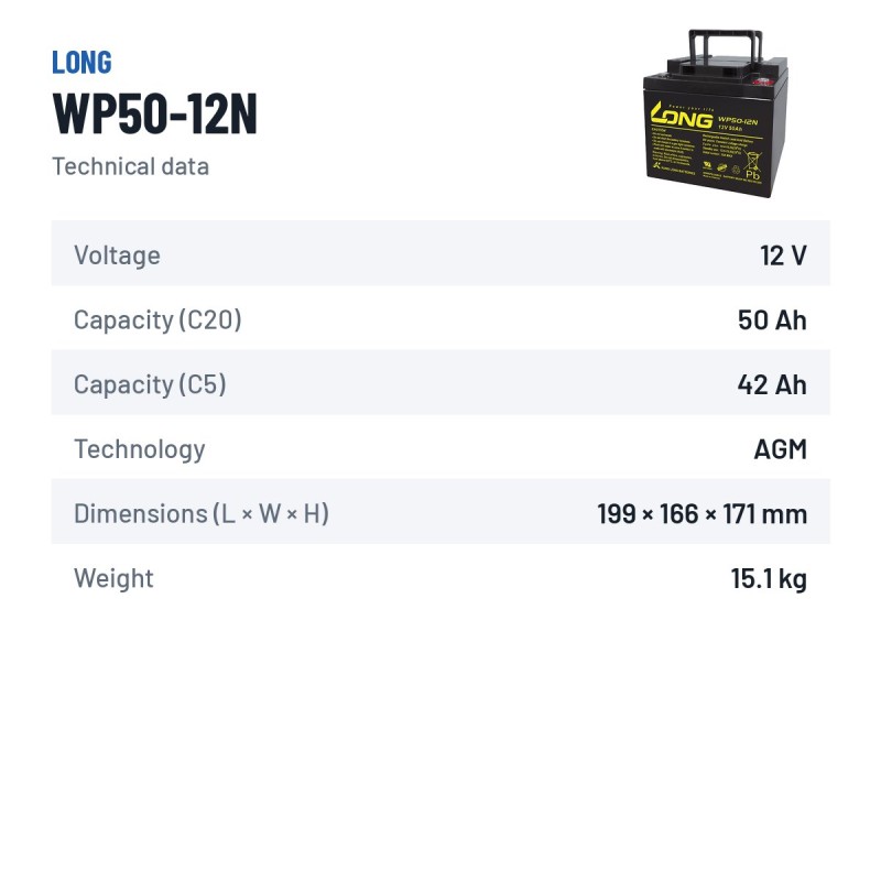 Bateria de cadeira de rodas Long WP50-12N 12V 50Ah AGM – ficha técnica