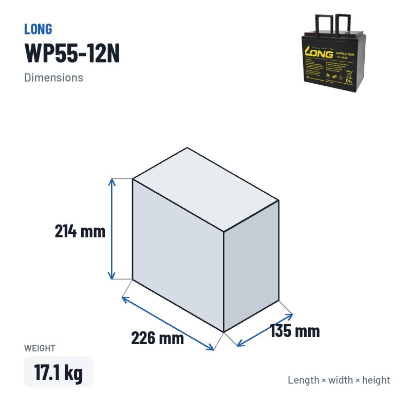 Batteria per carrozzina Long WP55-12N 12V 55Ah AGM | baterias.com