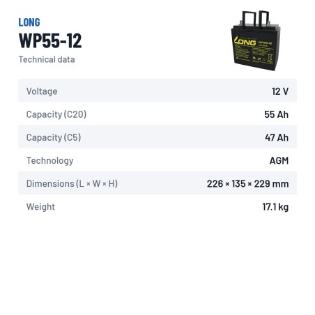 Bateria de cadeira de rodas Long WP55-12 12V 55Ah AGM – ficha técnica