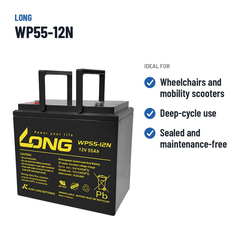 Batterie fauteuil roulant Long WP55-12N 12V 55Ah AGM