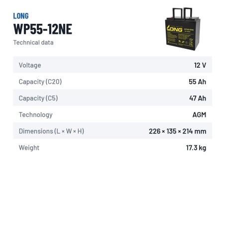 Bateria de cadeira de rodas Long WP55-12NE 12V 55Ah AGM