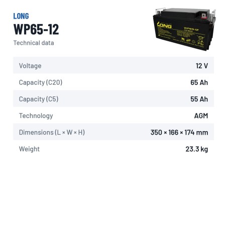 Batteria per carrozzina Long WP65-12 12V 65Ah AGM – scheda tecnica