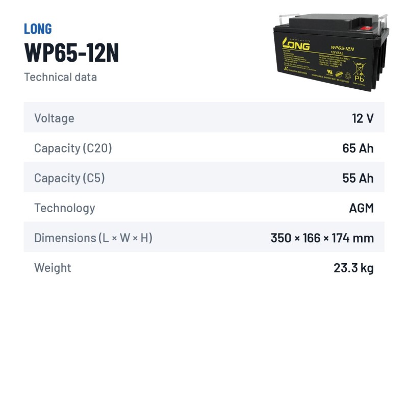 Bateria de cadeira de rodas Long WP65-12N 12V 65Ah AGM – ficha técnica