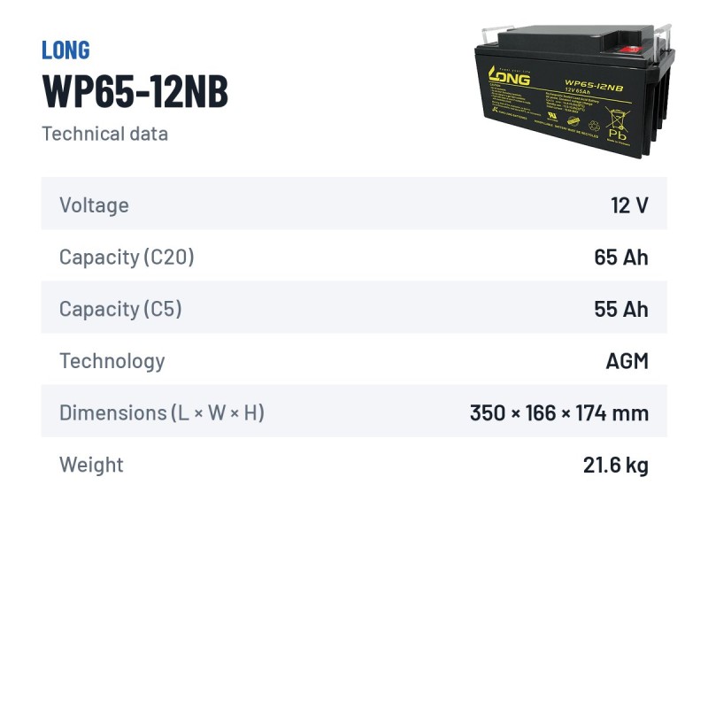 Bateria de cadeira de rodas Long WP65-12NB 12V 65Ah AGM – ficha técnica