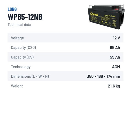 Bateria de cadeira de rodas Long WP65-12NB 12V 65Ah AGM – ficha técnica