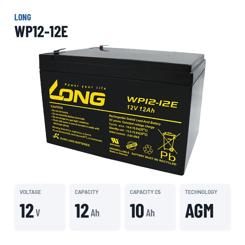 Rollstuhlbatterie Long WP12-12E 12V 12Ah AGM | baterias.com