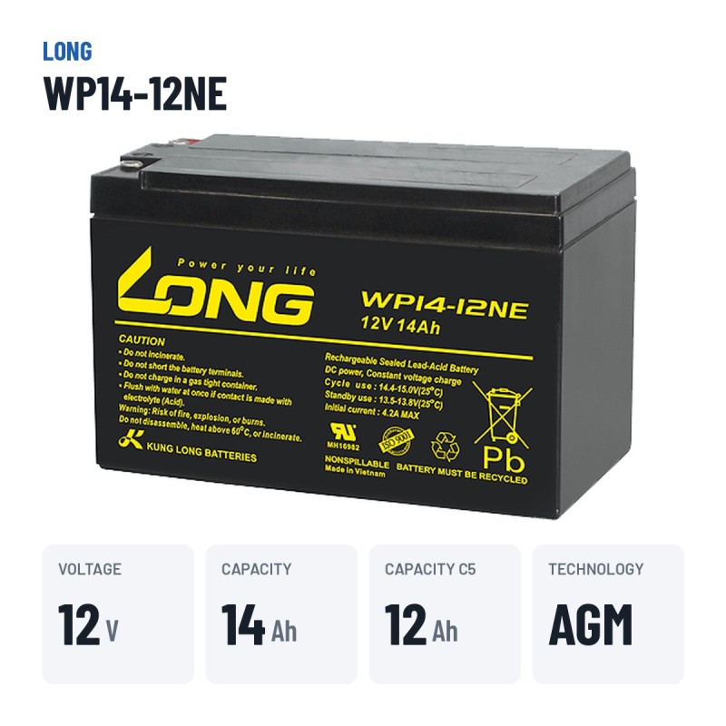 Bateria de cadeira de rodas Long WP14-12NE 12V 14Ah AGM – dados principais