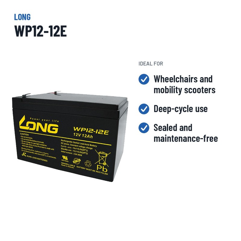 Rollstuhlbatterie Long WP12-12E 12V 12Ah AGM | baterias.com