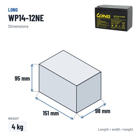 Bateria de cadeira de rodas Long WP14-12NE 12V 14Ah AGM – medidas 151 × 98 × 95 mm