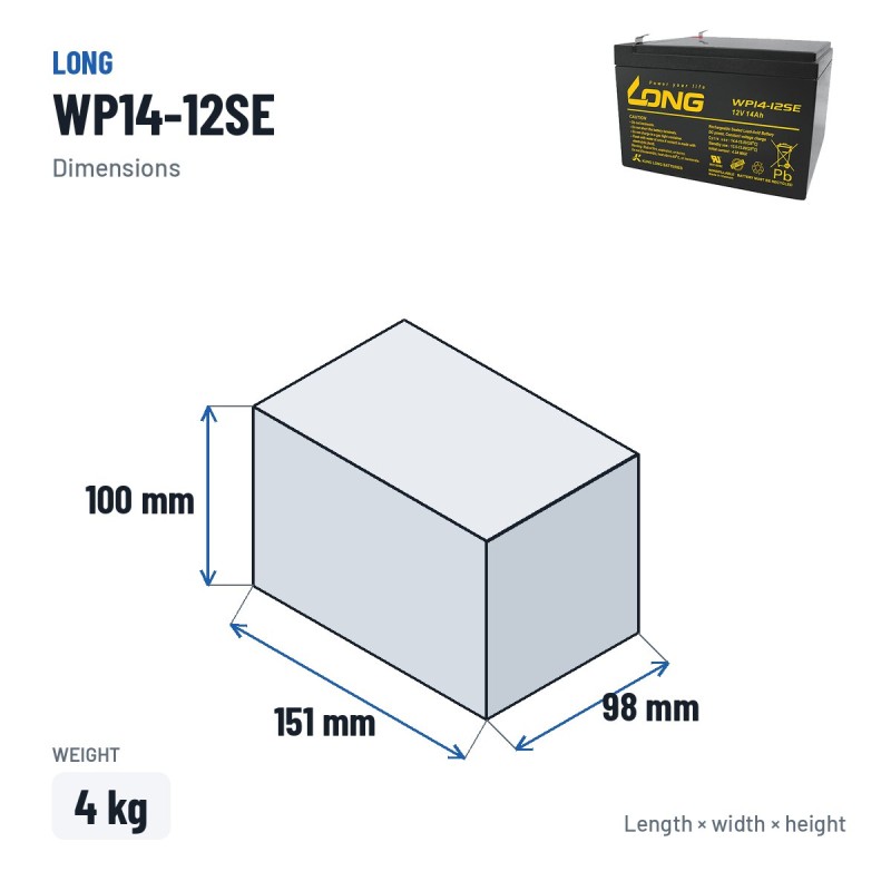 Rollstuhlbatterie Long WP14-12SE 12V 14Ah AGM – Abmessungen 151 × 98 × 100 mm