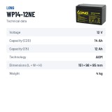 Bateria de cadeira de rodas Long WP14-12NE 12V 14Ah AGM – ficha técnica