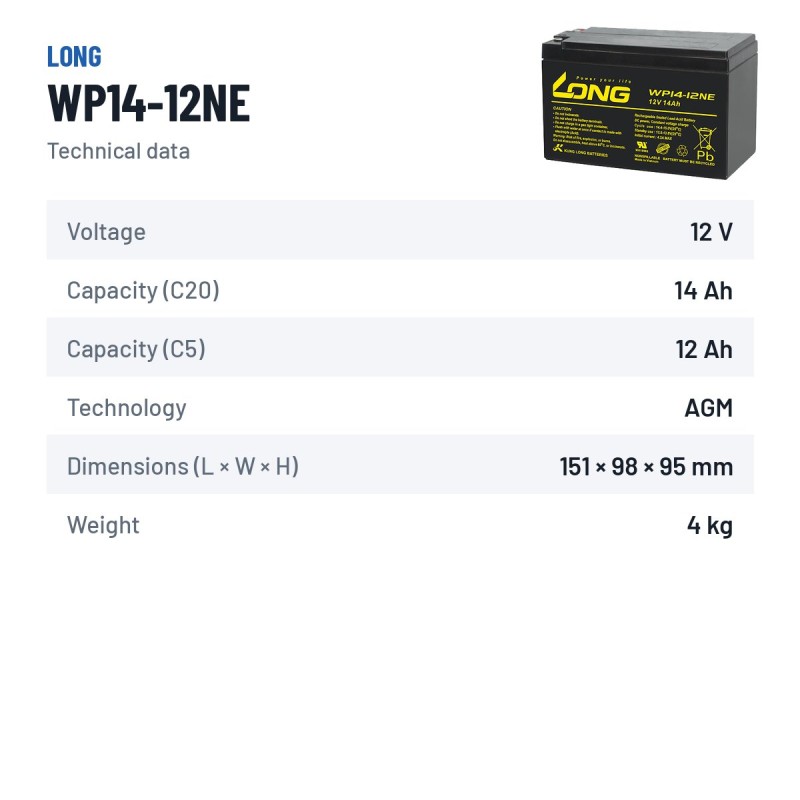 Wheelchair battery Long WP14-12NE 12V 14Ah AGM – technical data