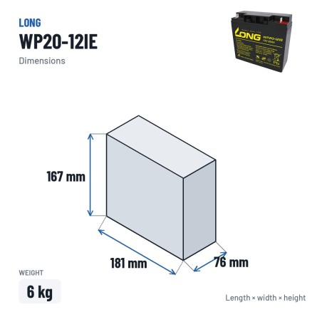 Batteria per carrozzina Long WP20-12IE 12V 20Ah AGM – dimensioni 181 × 76 × 167 mm