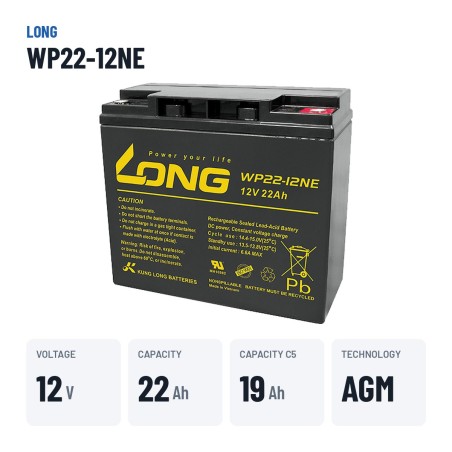 Bateria de cadeira de rodas Long WP22-12NE 12V 22Ah AGM – dados principais