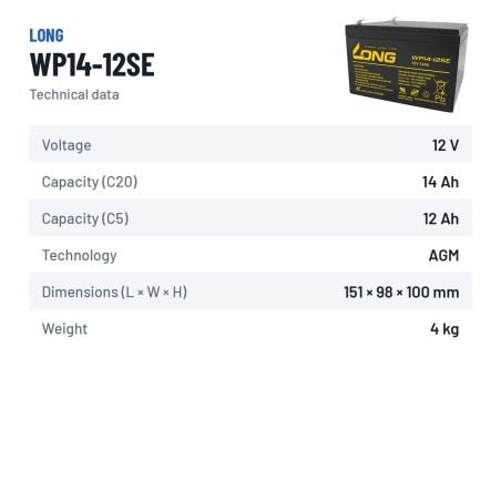 Bateria de cadeira de rodas Long WP14-12SE 12V 14Ah AGM – ficha técnica