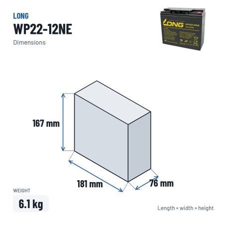 Bateria de cadeira de rodas Long WP22-12NE 12V 22Ah AGM – medidas 181 × 76 × 167 mm