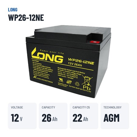Batteria per carrozzina Long WP26-12NE 12V 26Ah AGM – dati principali