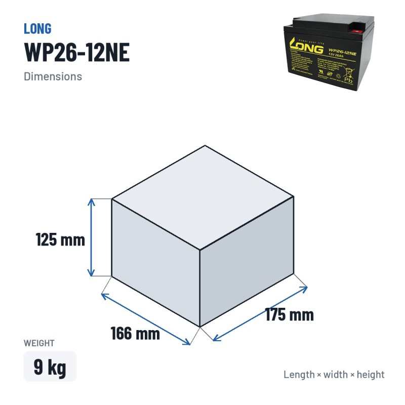 Batteria per carrozzina Long WP26-12NE 12V 26Ah AGM – dimensioni 166 × 175 × 125 mm