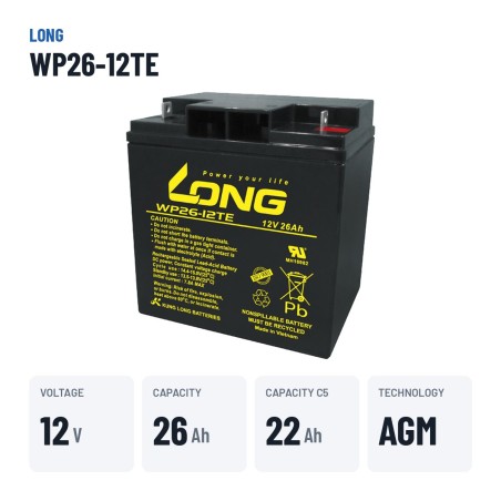 Batteria per carrozzina Long WP26-12TE 12V 26Ah AGM – dati principali