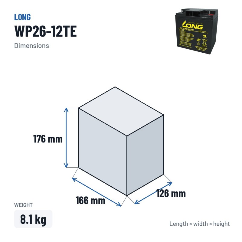 Wheelchair battery Long WP26-12TE 12V 26Ah AGM – dimensions 166 × 126 × 176 mm