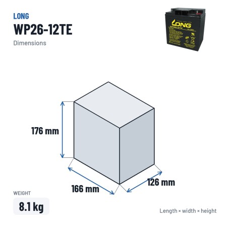 Wheelchair battery Long WP26-12TE 12V 26Ah AGM – dimensions 166 × 126 × 176 mm