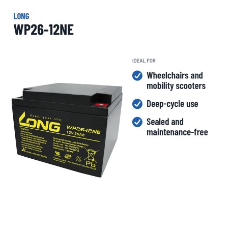 Batteria per carrozzina Long WP26-12NE 12V 26Ah AGM – usi consigliati