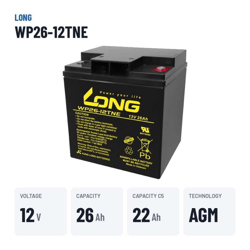 Rollstuhlbatterie Long WP26-12TNE 12V 26Ah AGM | baterias.com