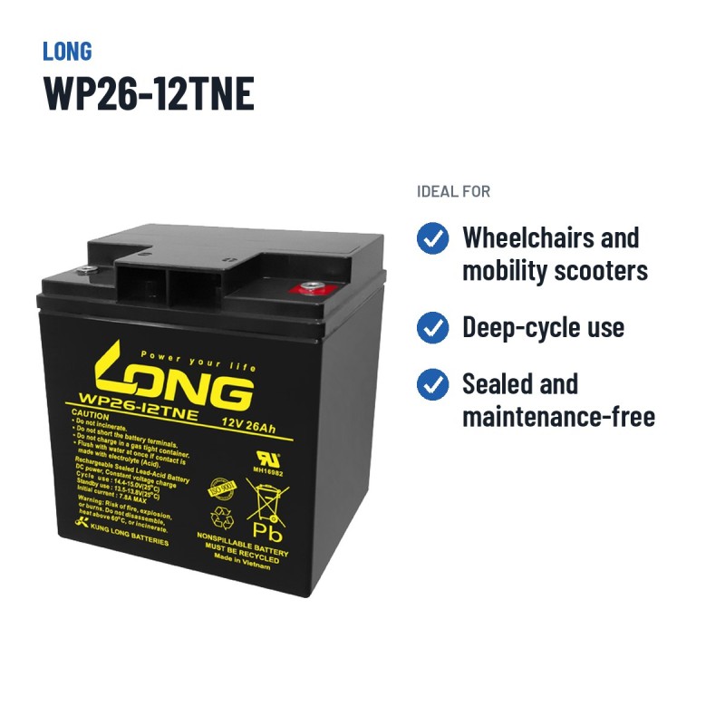 Rollstuhlbatterie Long WP26-12TNE 12V 26Ah AGM | baterias.com