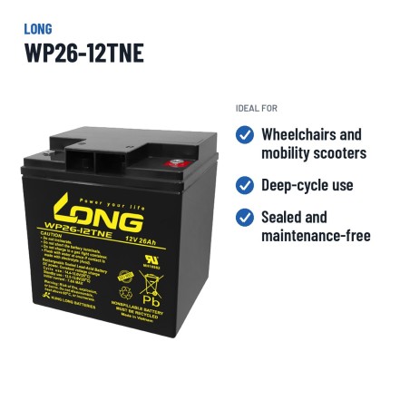 Rollstuhlbatterie Long WP26-12TNE 12V 26Ah AGM | baterias.com