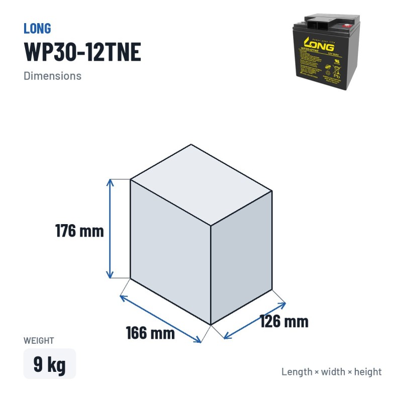 Batería de silla de ruedas Long WP30-12TNE 12V 30Ah AGM – medidas 166 × 126 × 176 mm